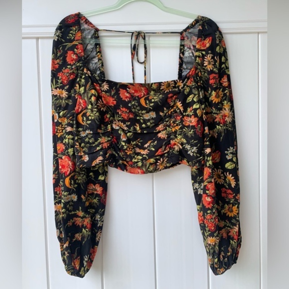 Urban Outfitters Square Neck Long Sleeve Off Shoulder Floral Open Back Black L - Picture 3 of 9